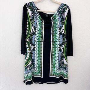 Eva Varro Womens Tunic Top Blouse Size L Slinky Artsy Abstract Office Green